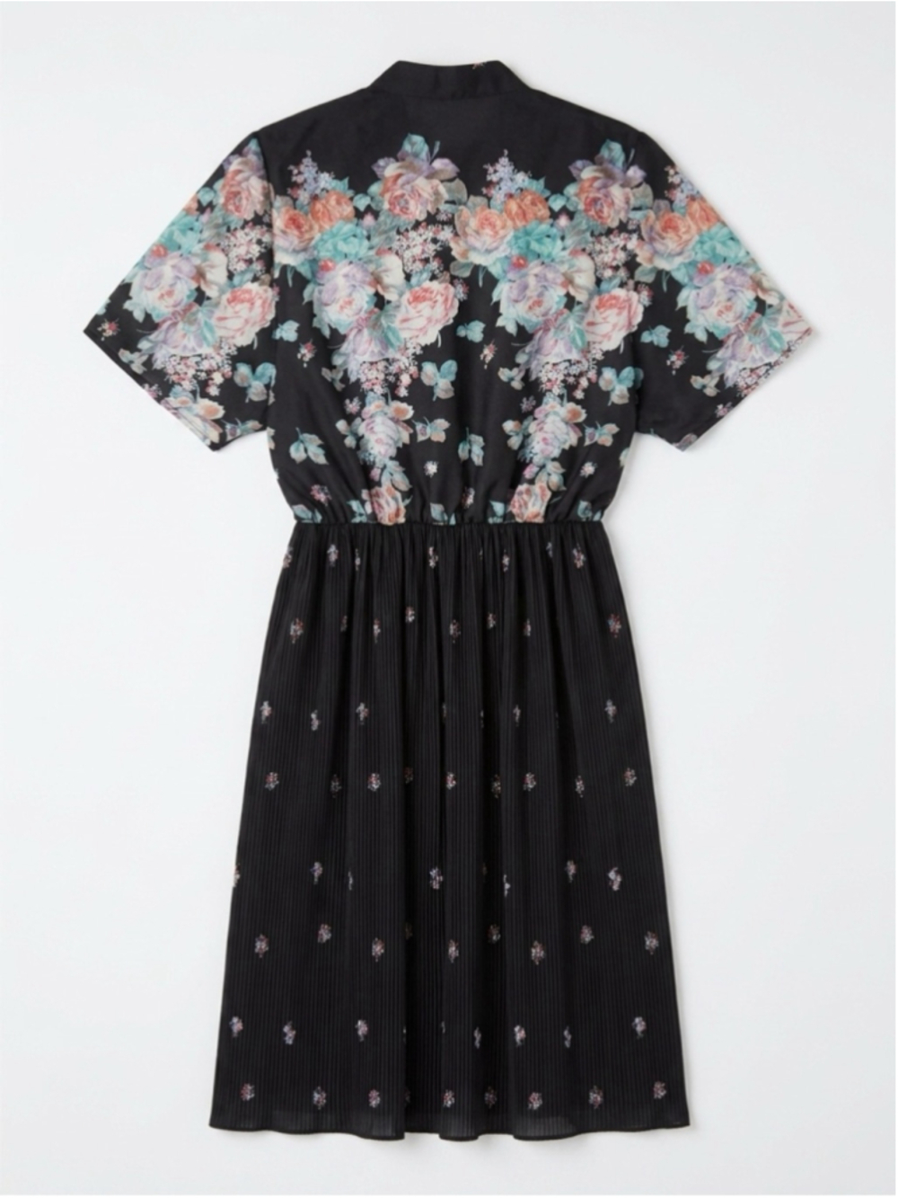 70s Black Floral Pleated Tea Length Dress - Picture 4 of 6